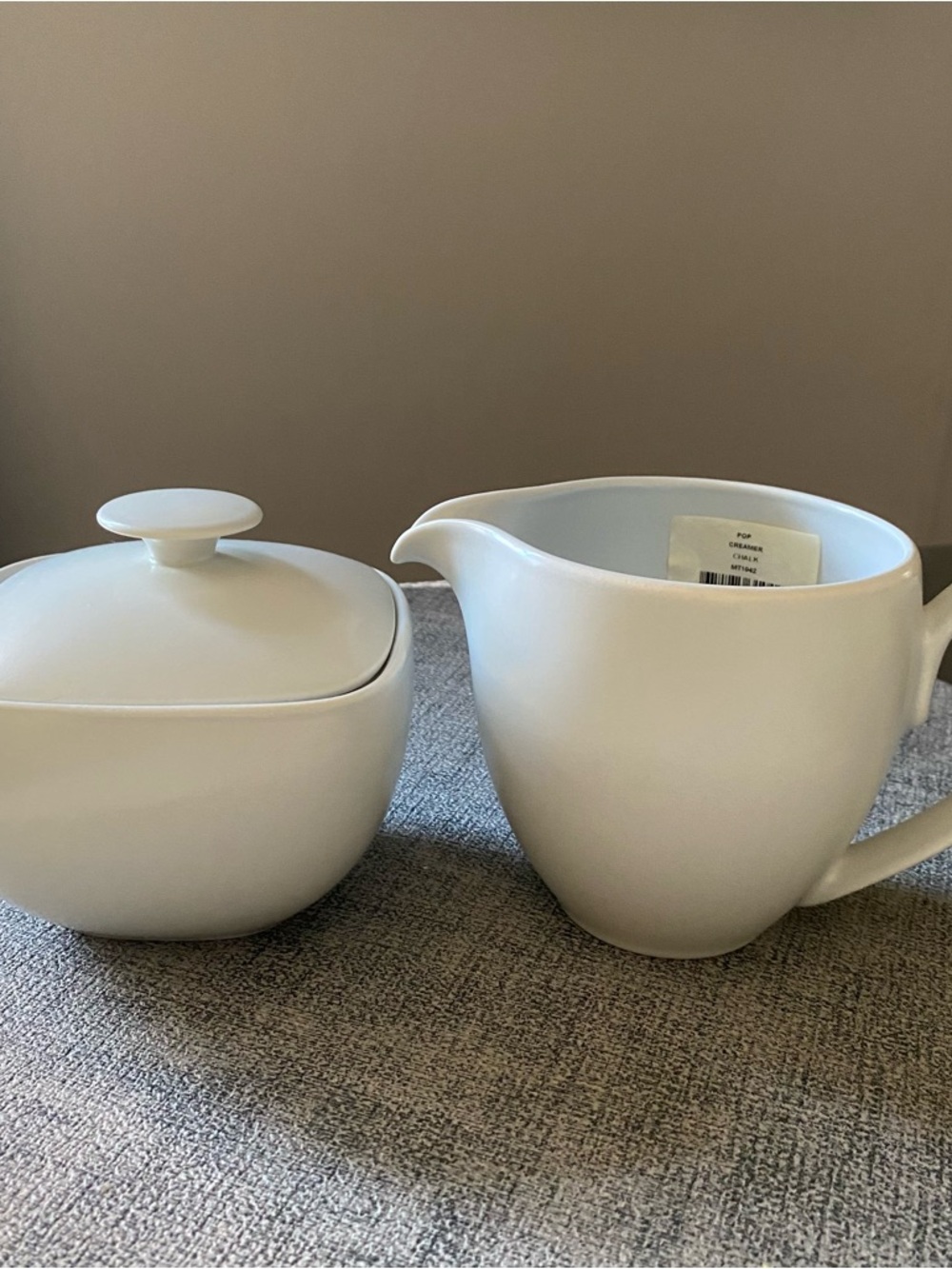 Nambe Pop Light Gray Ceramic Creamer and Sugar Set, Never Used